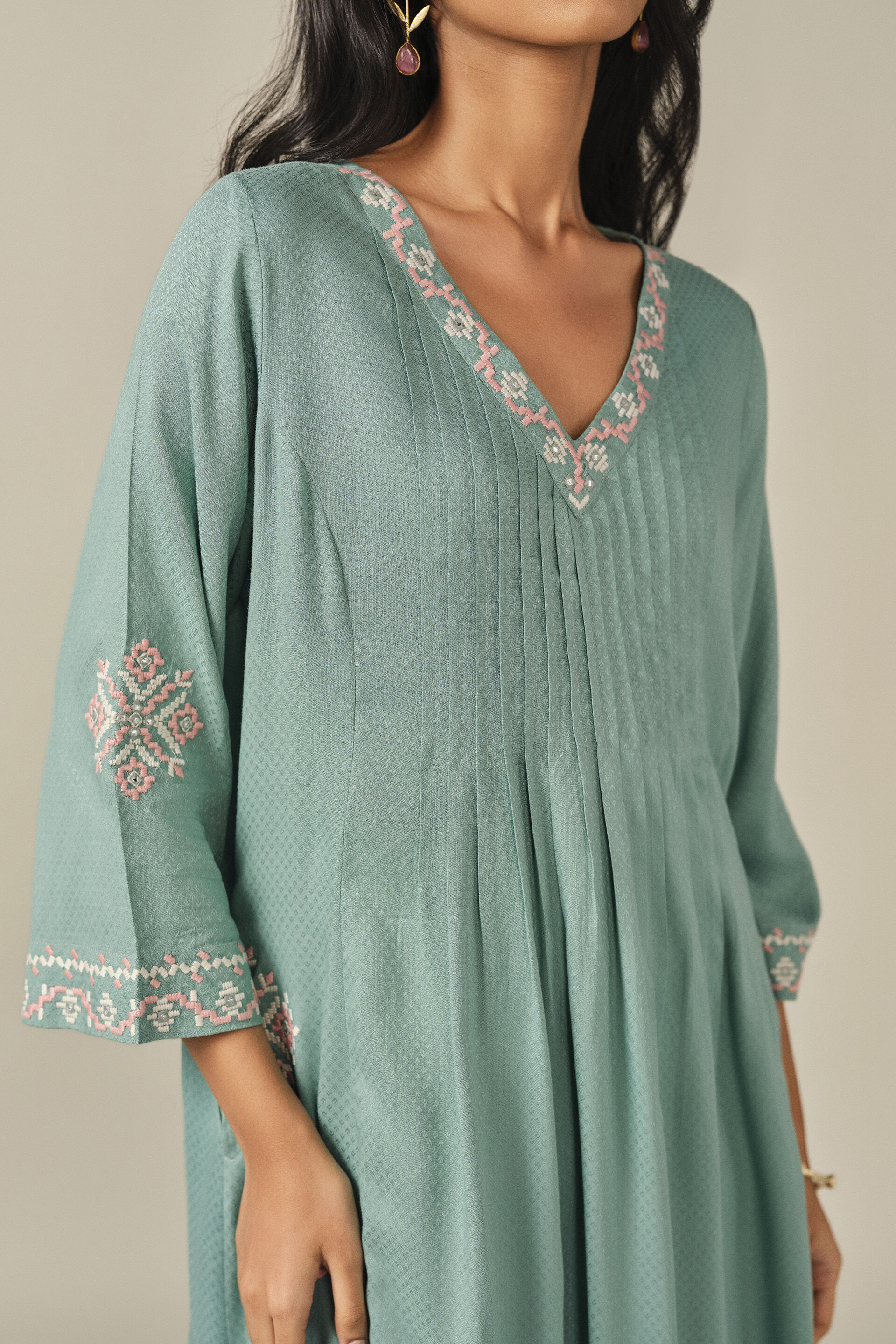 A-Line Embroidered Kurta in Teal, Teal, image 3